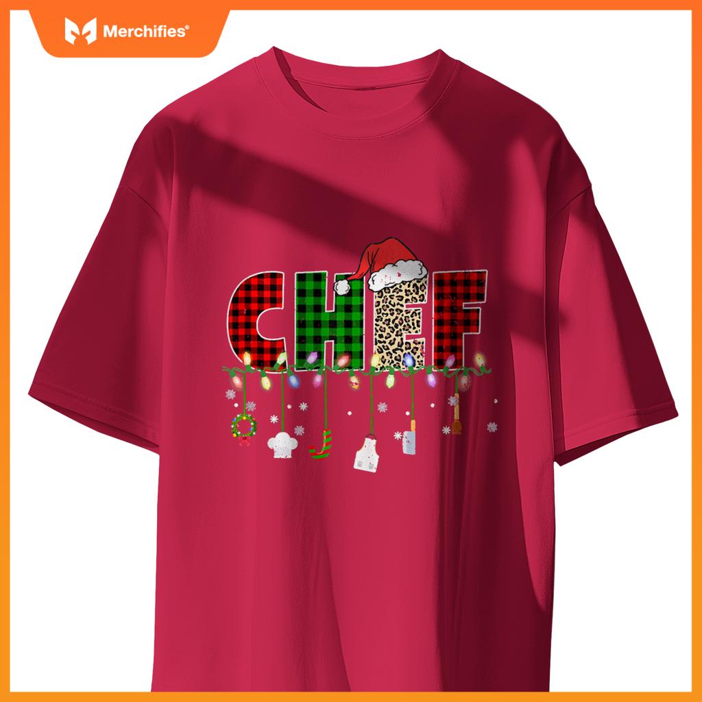Chef Christmas Santa Hat Xmas Leopard Buffalo Plaid T-Shirt