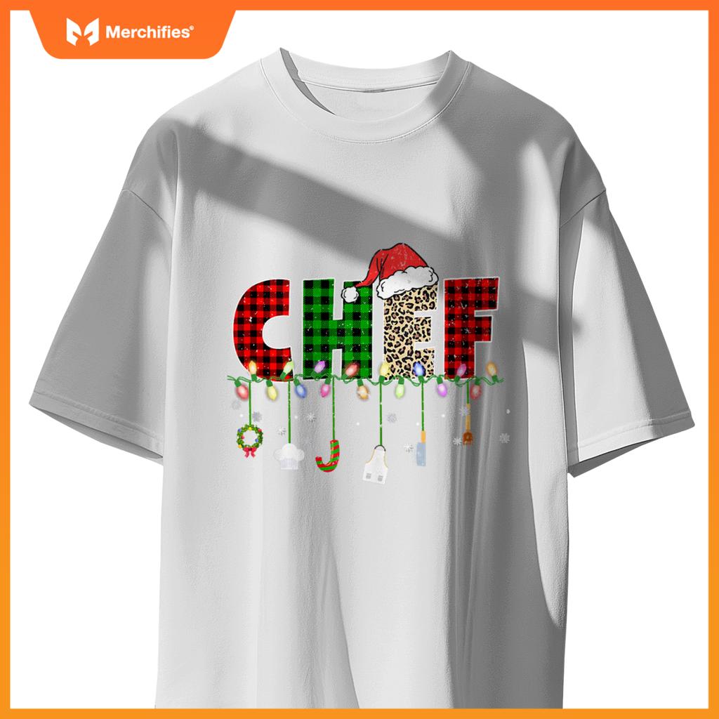 Chef Christmas Santa Hat Xmas Leopard Buffalo Plaid T-Shirt