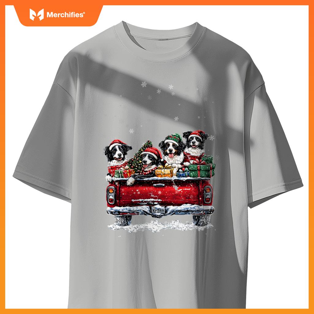 Christmas Border Collie Dog Ride Red Truck Costumer T-Shirt