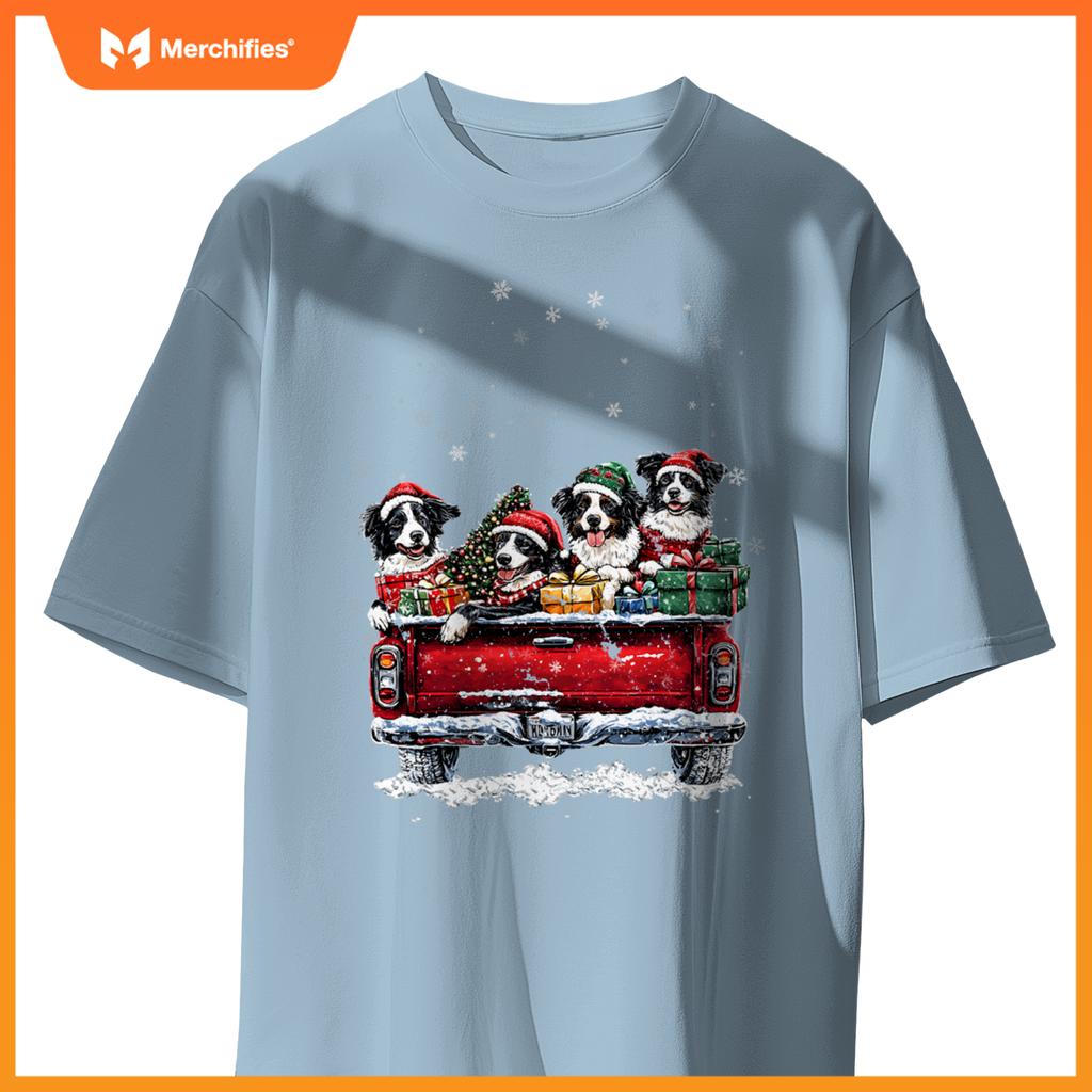 Christmas Border Collie Dog Ride Red Truck Costumer T-Shirt
