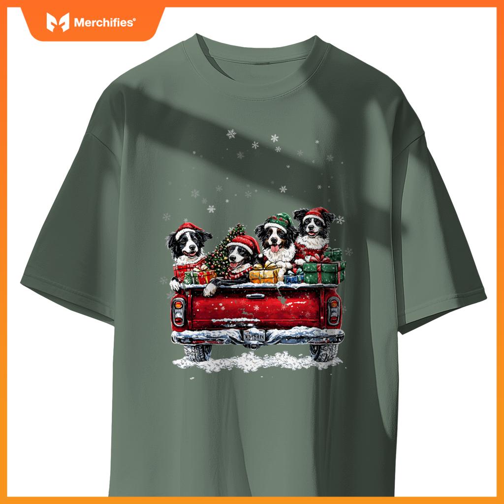 Christmas Border Collie Dog Ride Red Truck Costumer T-Shirt