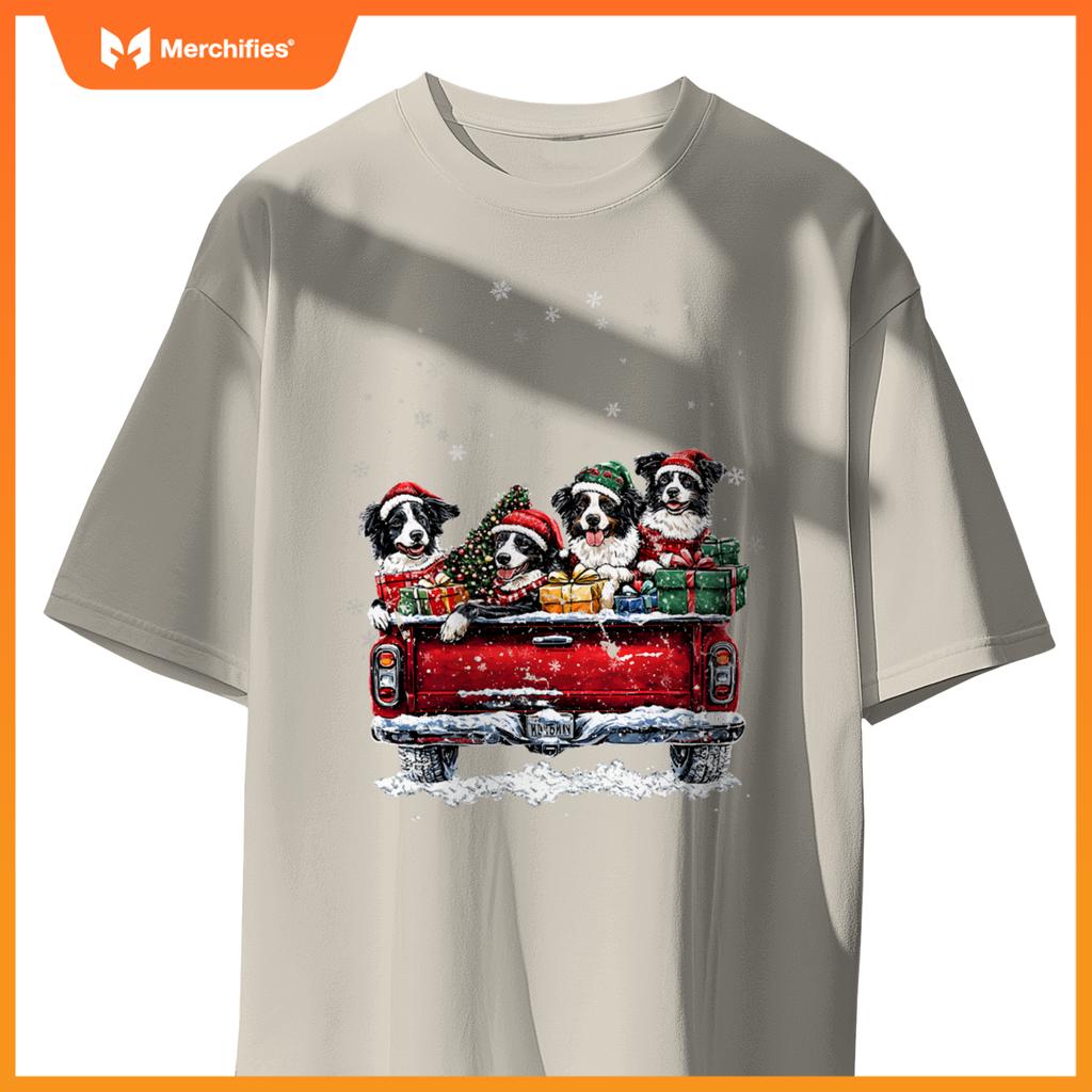 Christmas Border Collie Dog Ride Red Truck Costumer T-Shirt
