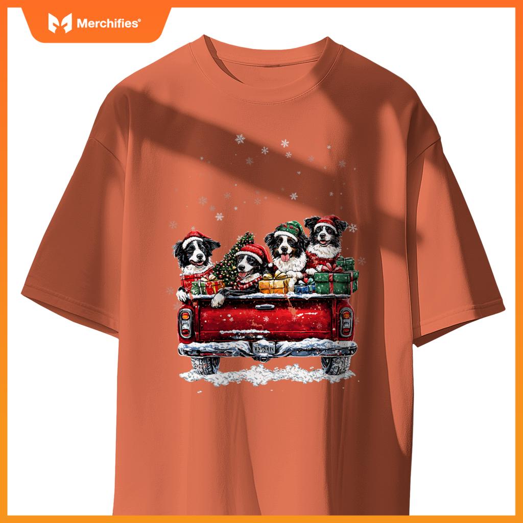 Christmas Border Collie Dog Ride Red Truck Costumer T-Shirt