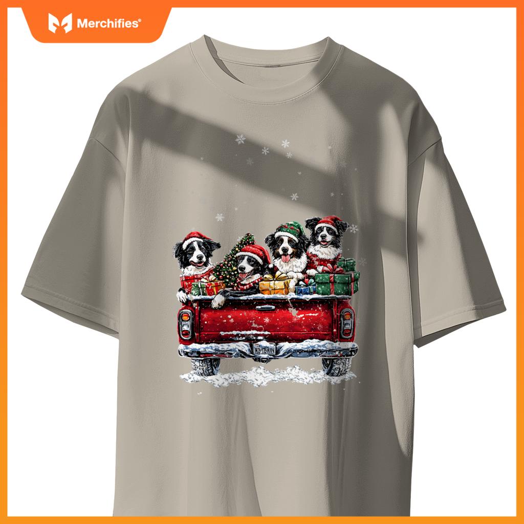 Christmas Border Collie Dog Ride Red Truck Costumer T-Shirt