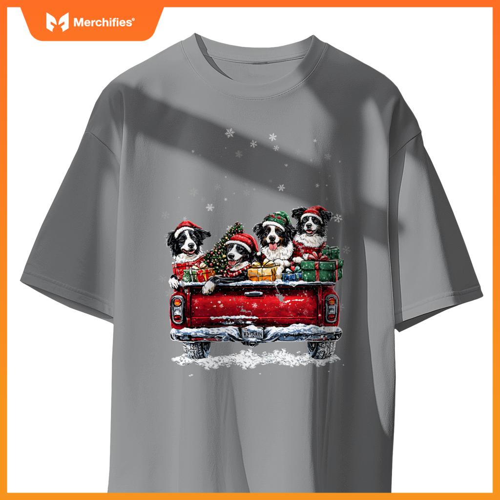 Christmas Border Collie Dog Ride Red Truck Costumer T-Shirt