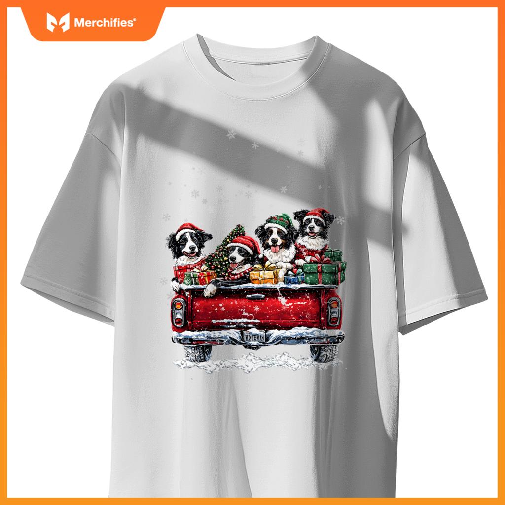 Christmas Border Collie Dog Ride Red Truck Costumer T-Shirt