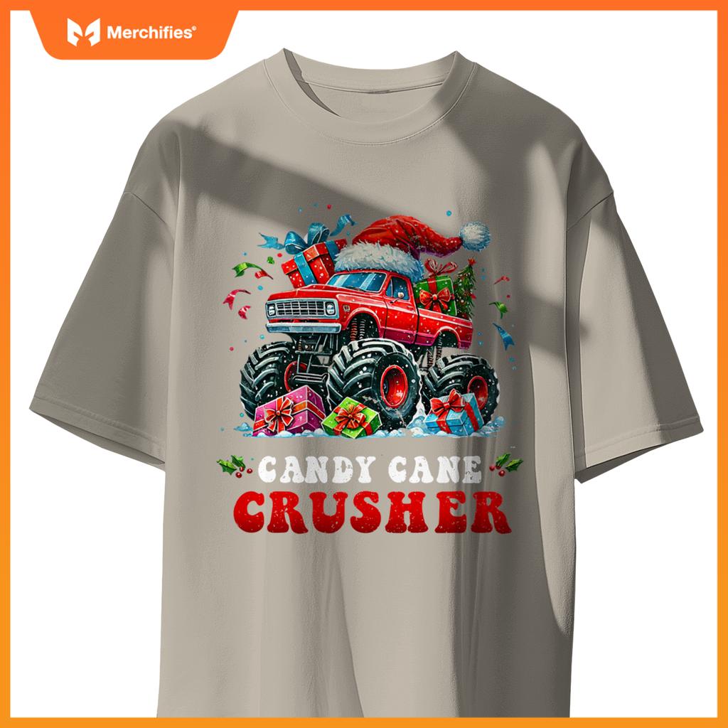Christmas Candy Cane Crusher Xmas Monster Truck Toddler Boy T-Shirt