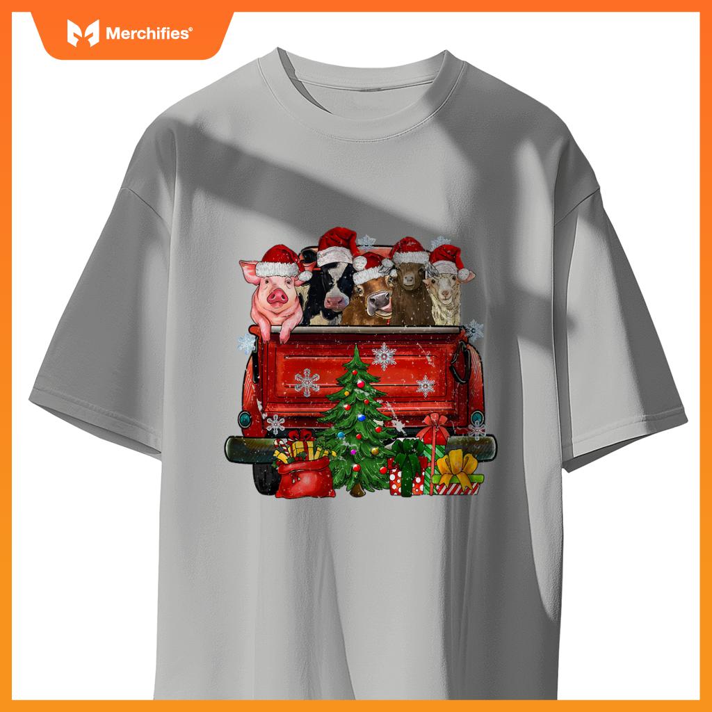 Christmas Farm Animals Truck Santa Hat Family Pajamas Xmas T-Shirt