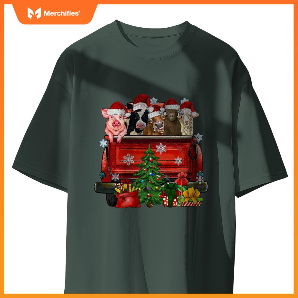 Christmas Farm Animals Truck Santa Hat Family Pajamas Xmas T-Shirt