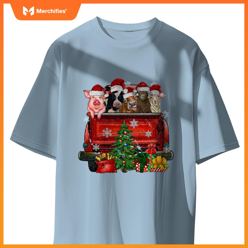 Christmas Farm Animals Truck Santa Hat Family Pajamas Xmas T-Shirt
