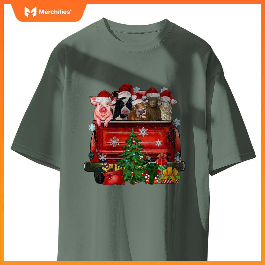 Christmas Farm Animals Truck Santa Hat Family Pajamas Xmas T-Shirt