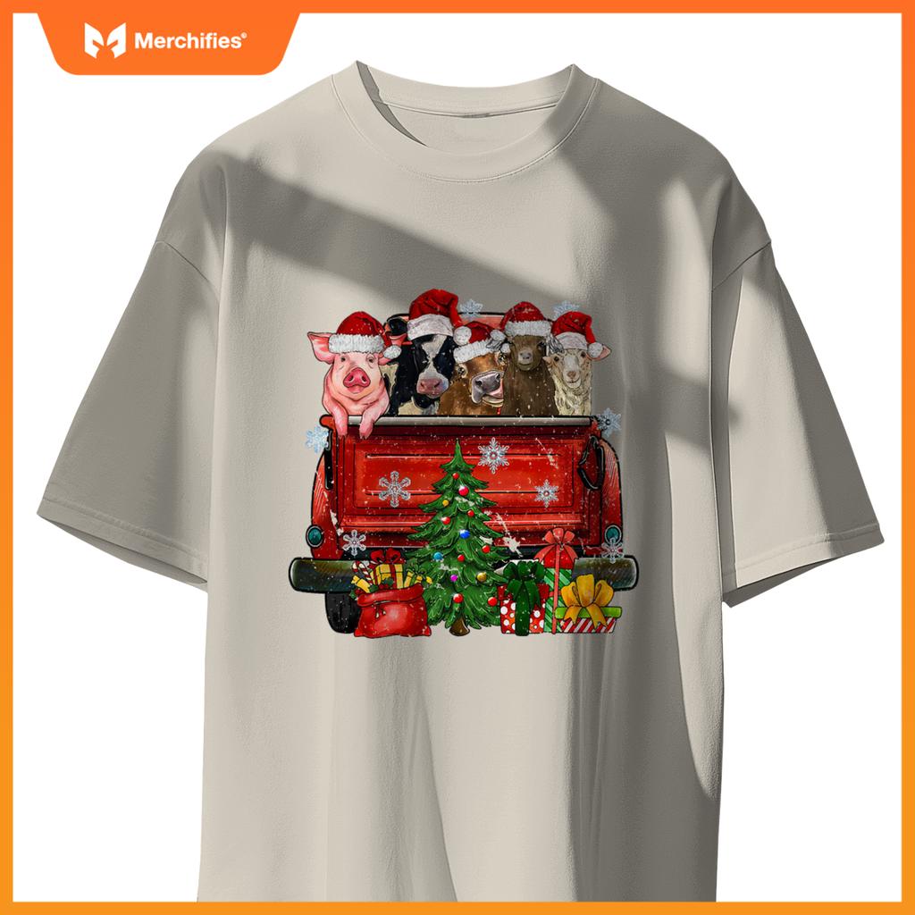 Christmas Farm Animals Truck Santa Hat Family Pajamas Xmas T-Shirt