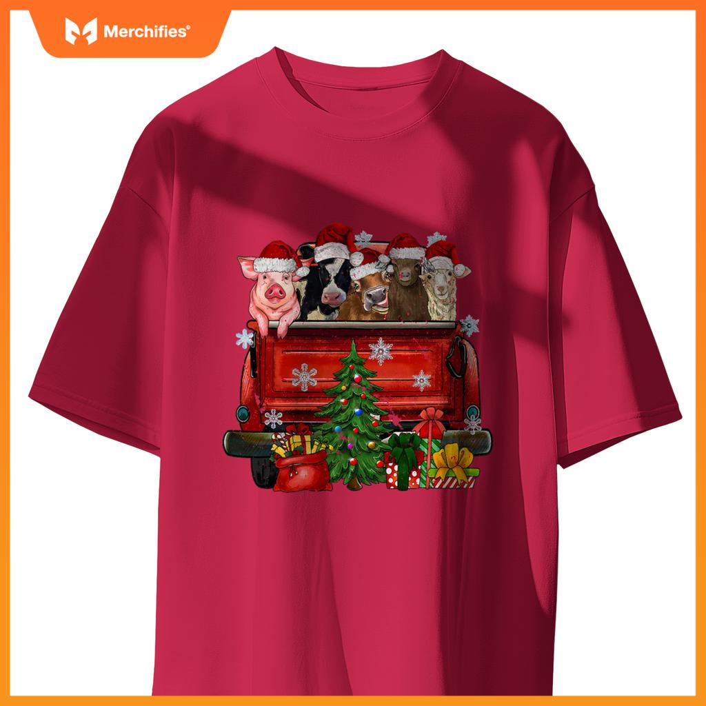 Christmas Farm Animals Truck Santa Hat Family Pajamas Xmas T-Shirt