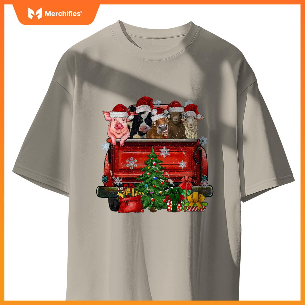 Christmas Farm Animals Truck Santa Hat Family Pajamas Xmas T-Shirt
