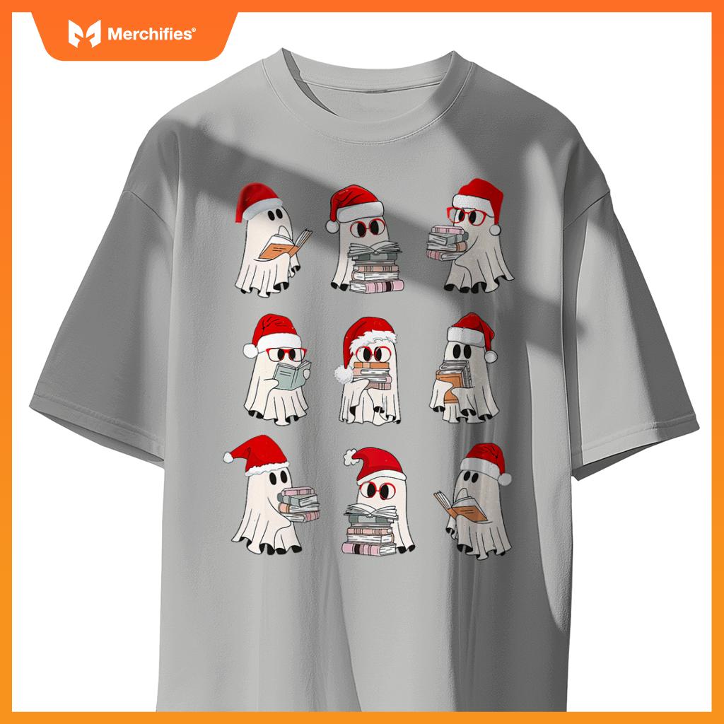 Christmas library teacher, santa ghost reading books