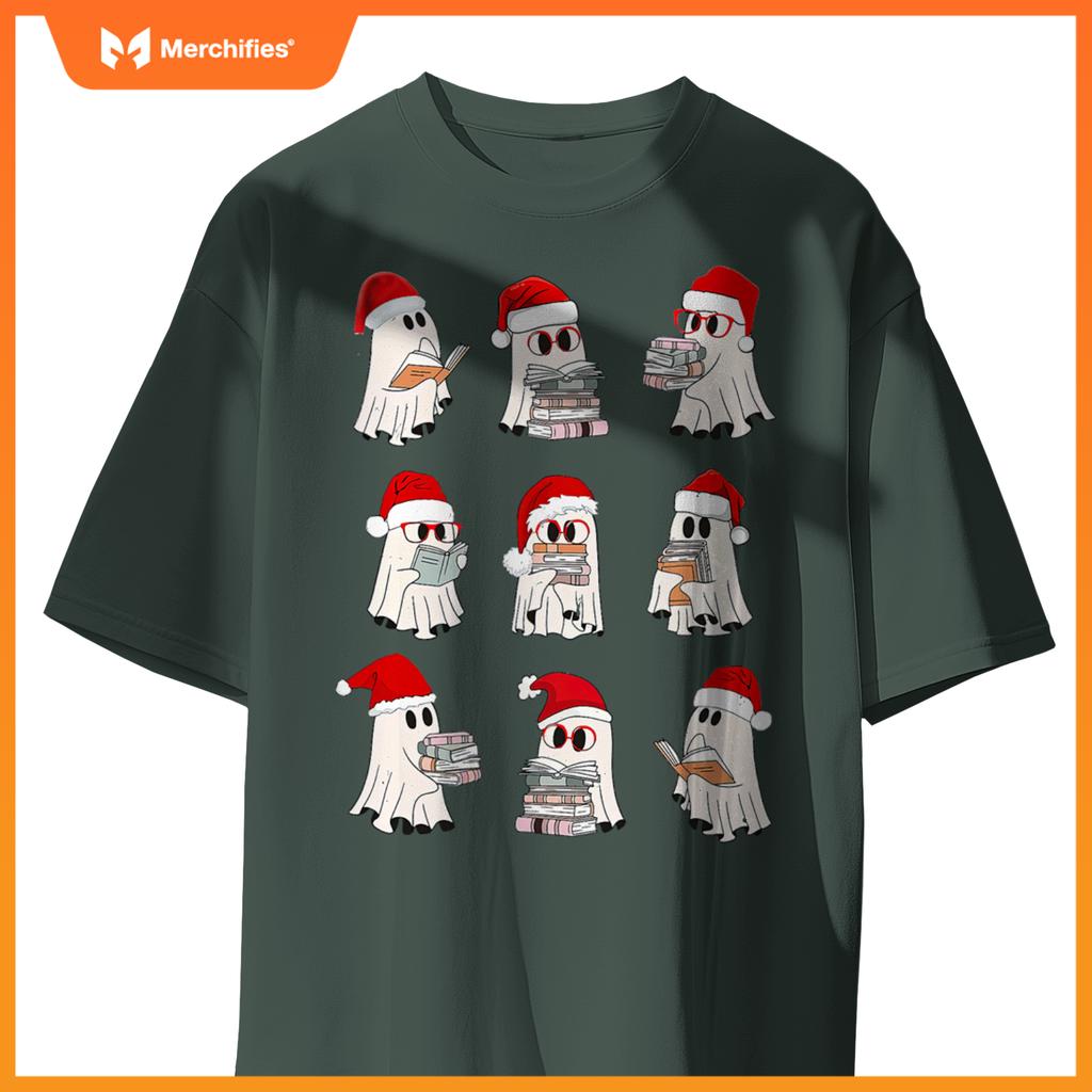 Christmas library teacher, santa ghost reading books