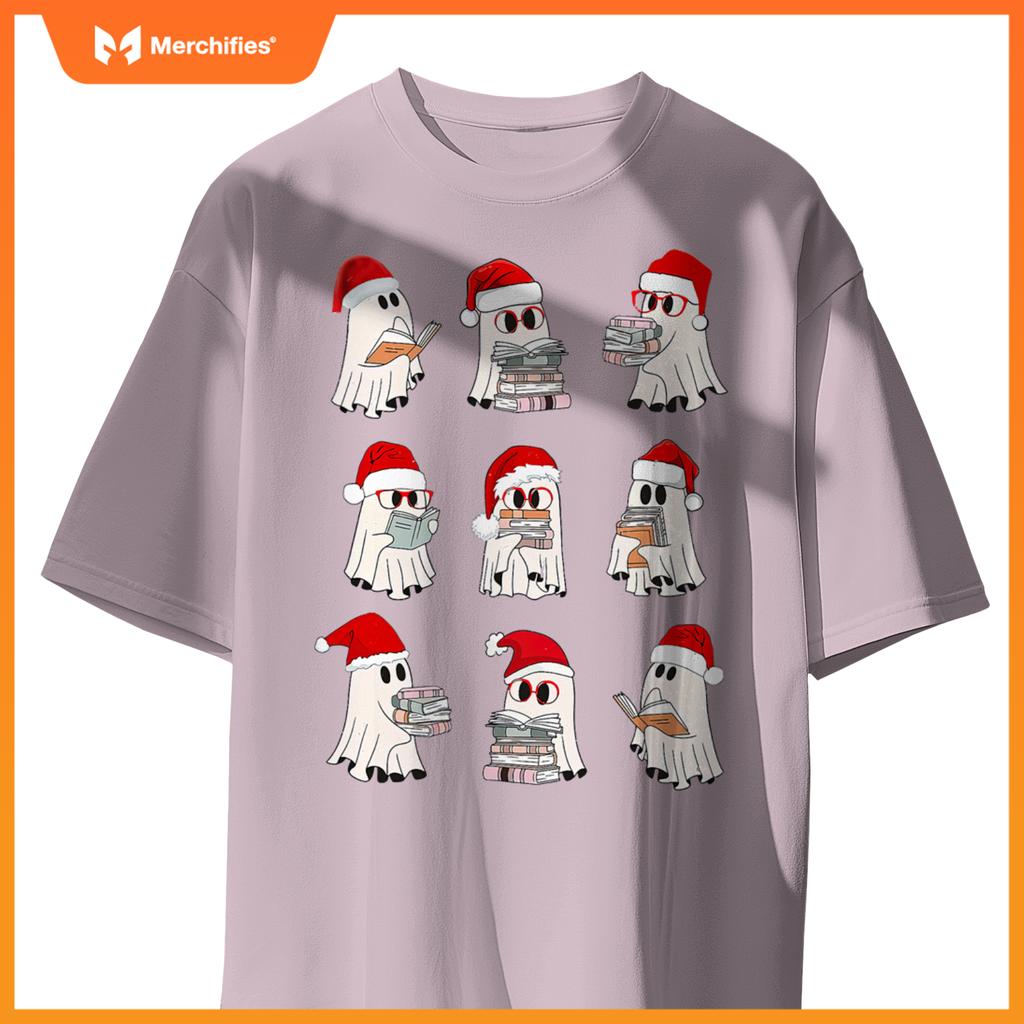 Christmas library teacher, santa ghost reading books