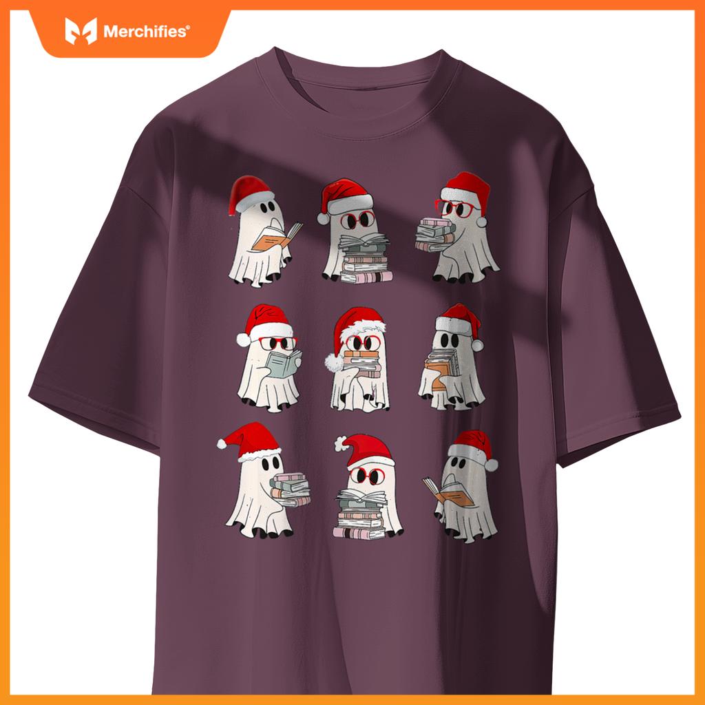 Christmas library teacher, santa ghost reading books