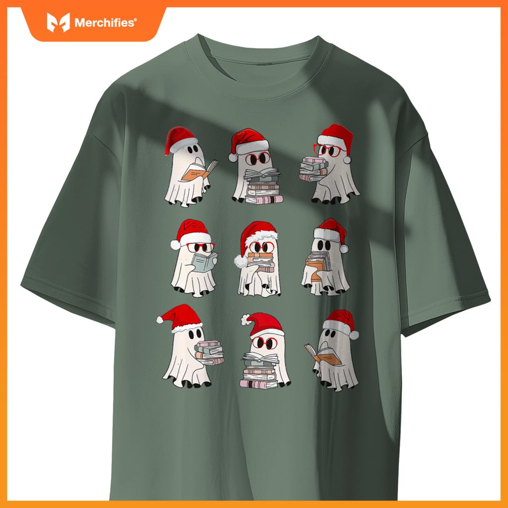 Christmas library teacher, santa ghost reading books