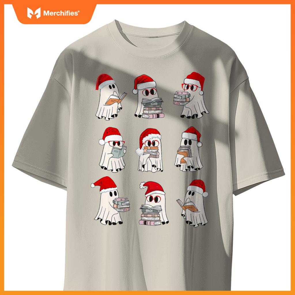 Christmas library teacher, santa ghost reading books