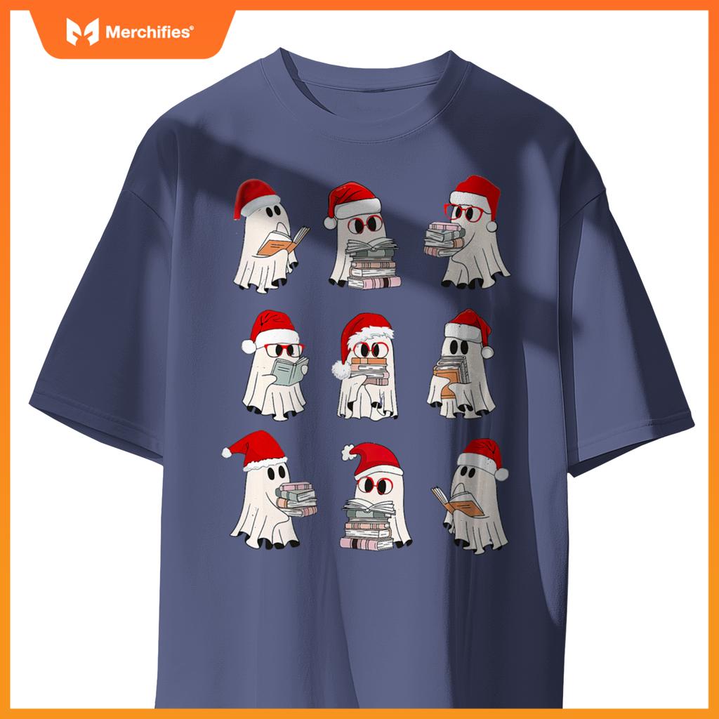 Christmas library teacher, santa ghost reading books