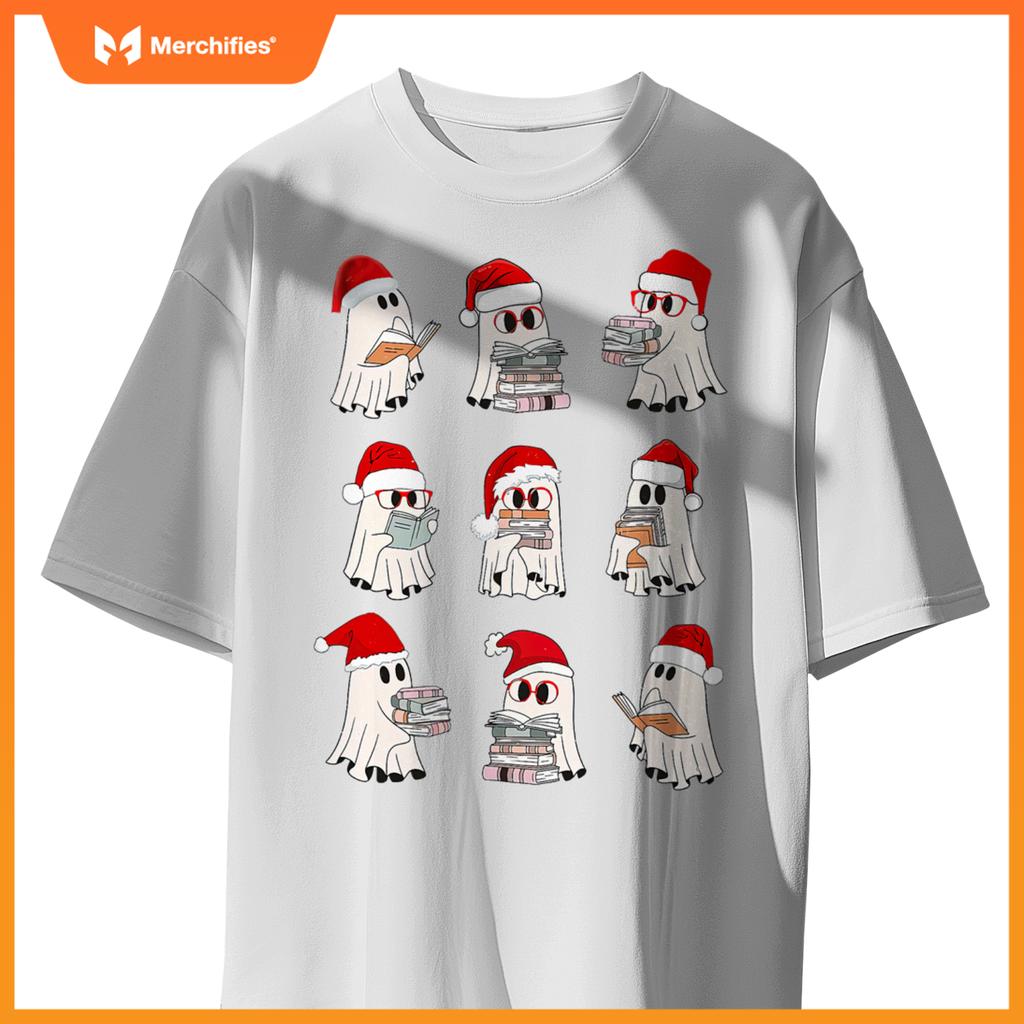 Christmas library teacher, santa ghost reading books