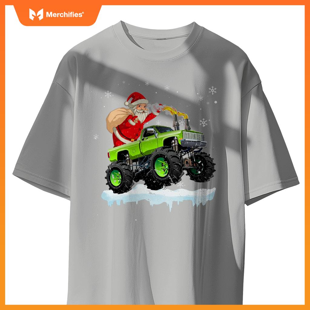 Christmas Santa Claus Riding In Monster Truck Boys Kids Xmas T-Shirt