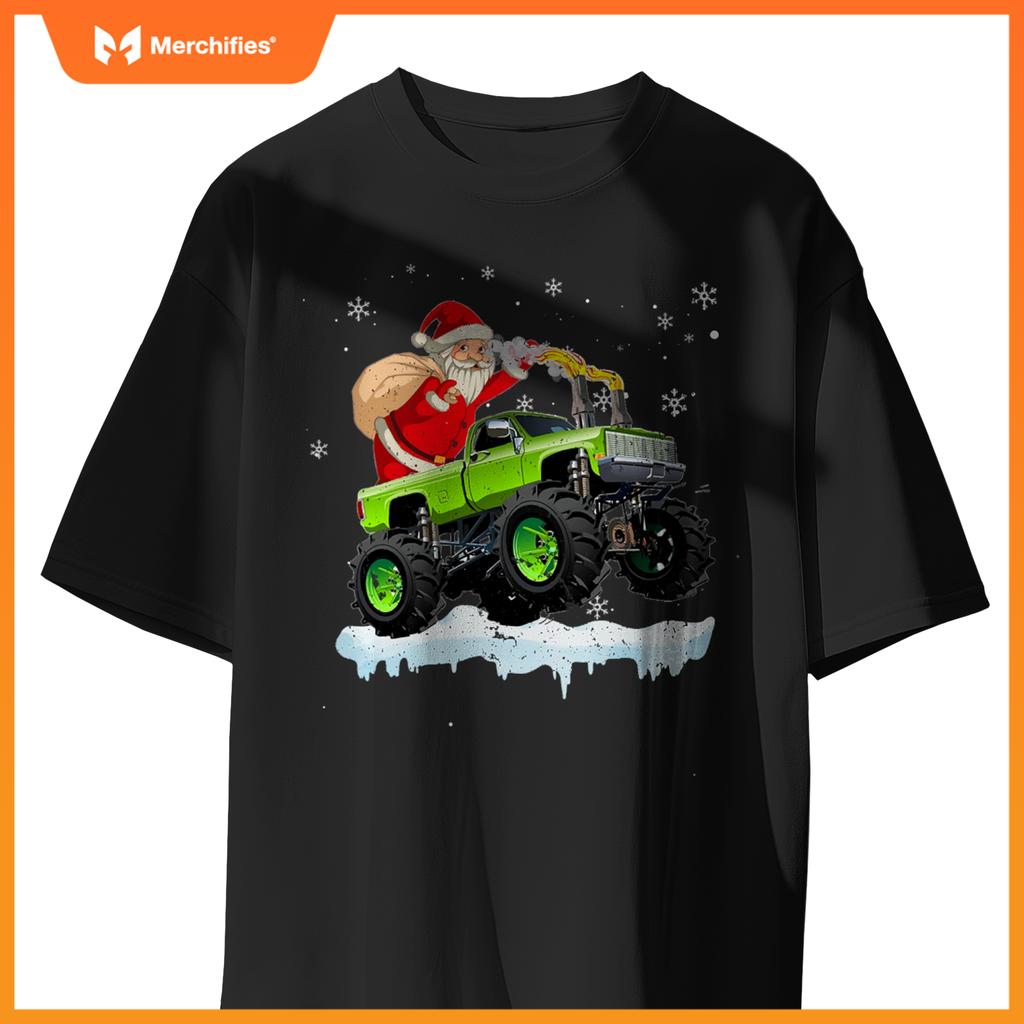 Christmas Santa Claus Riding In Monster Truck Boys Kids Xmas T-Shirt