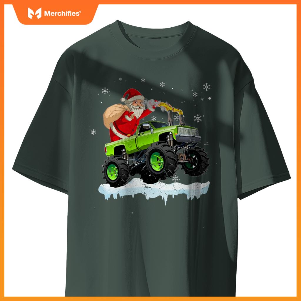 Christmas Santa Claus Riding In Monster Truck Boys Kids Xmas T-Shirt