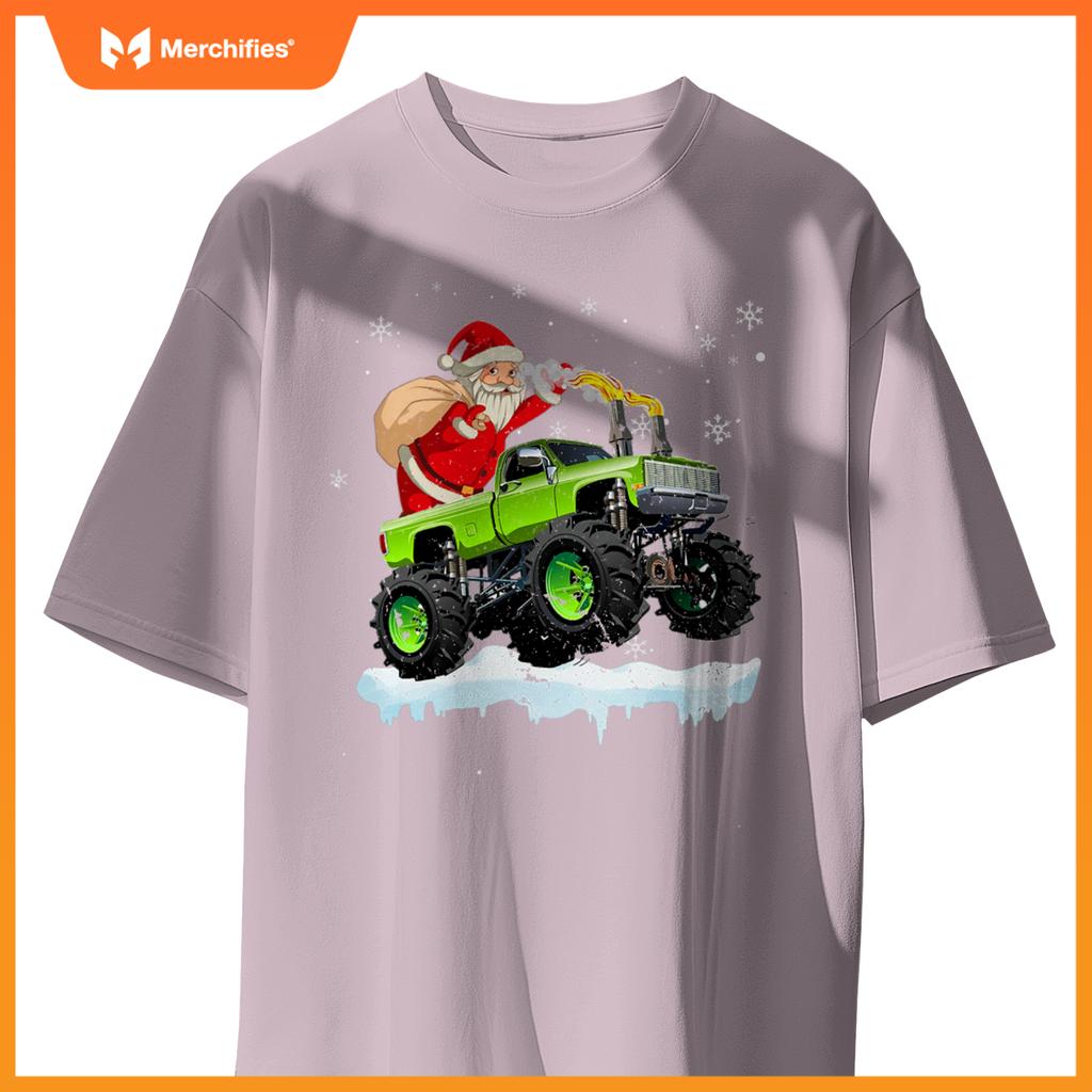 Christmas Santa Claus Riding In Monster Truck Boys Kids Xmas T-Shirt