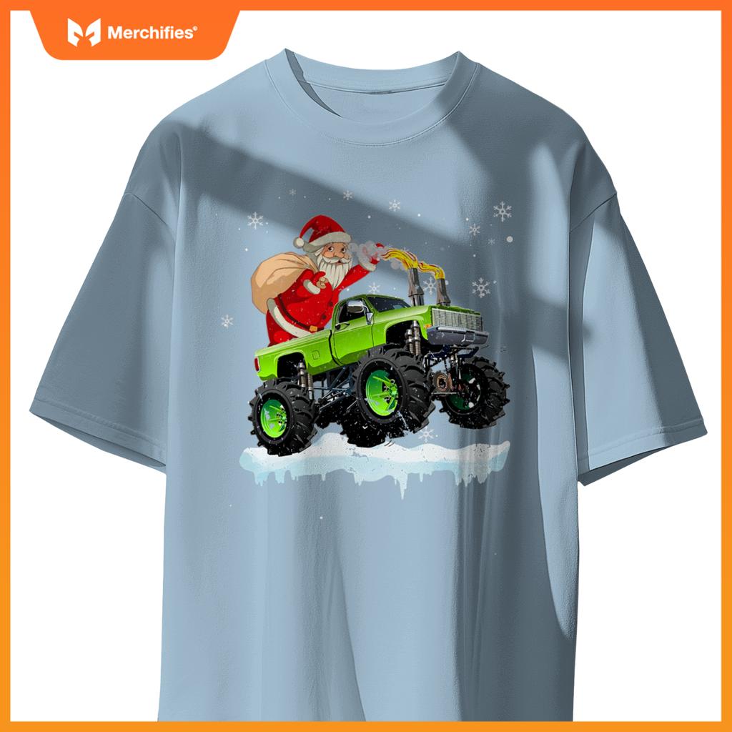 Christmas Santa Claus Riding In Monster Truck Boys Kids Xmas T-Shirt