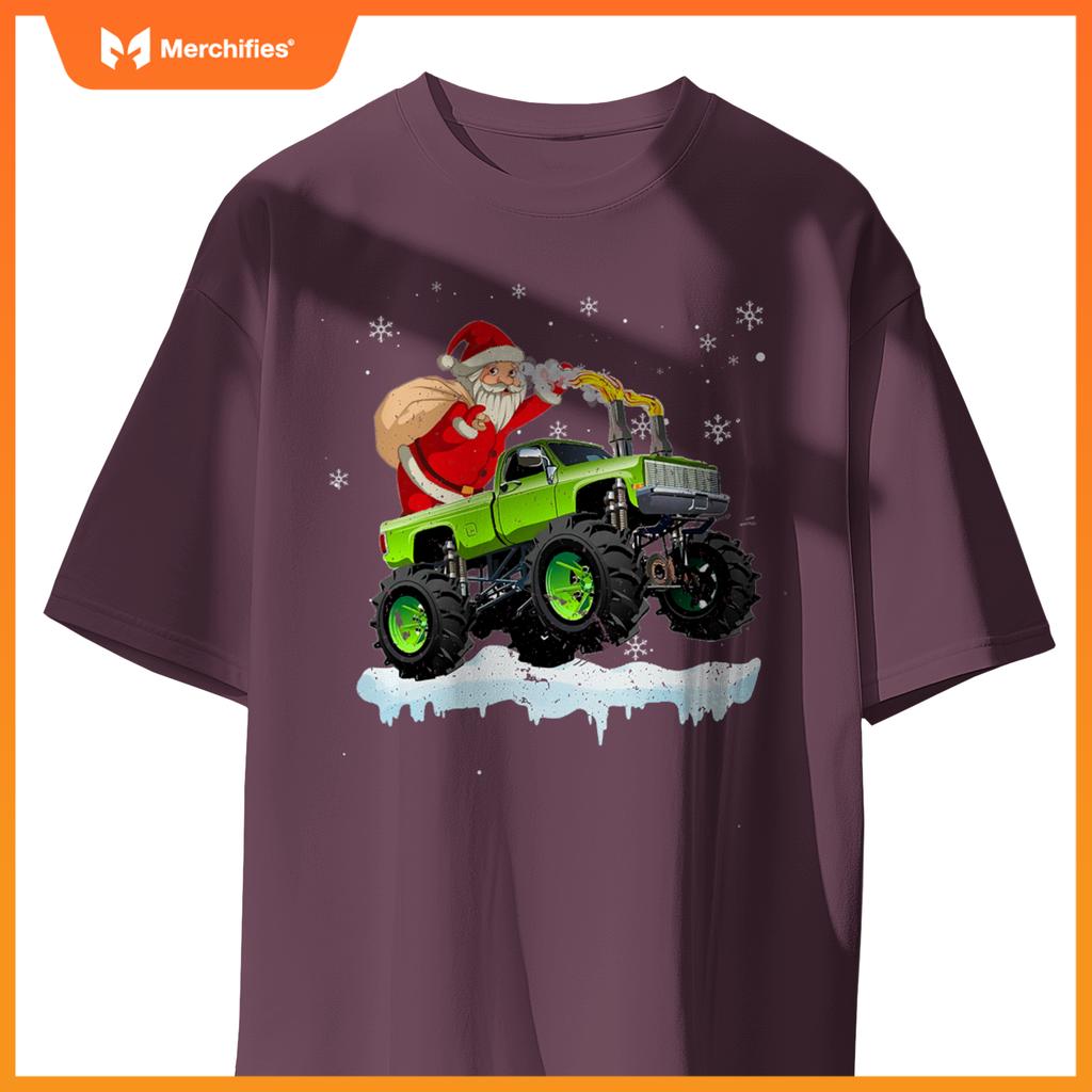 Christmas Santa Claus Riding In Monster Truck Boys Kids Xmas T-Shirt