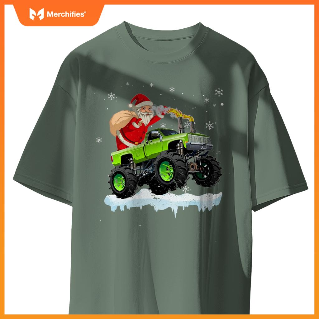 Christmas Santa Claus Riding In Monster Truck Boys Kids Xmas T-Shirt
