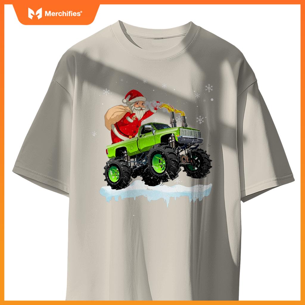 Christmas Santa Claus Riding In Monster Truck Boys Kids Xmas T-Shirt