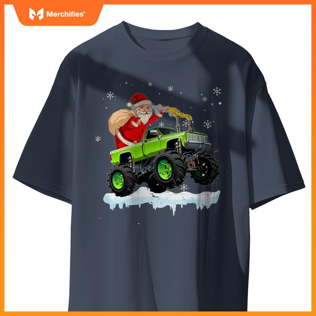 Christmas Santa Claus Riding In Monster Truck Boys Kids Xmas T-Shirt