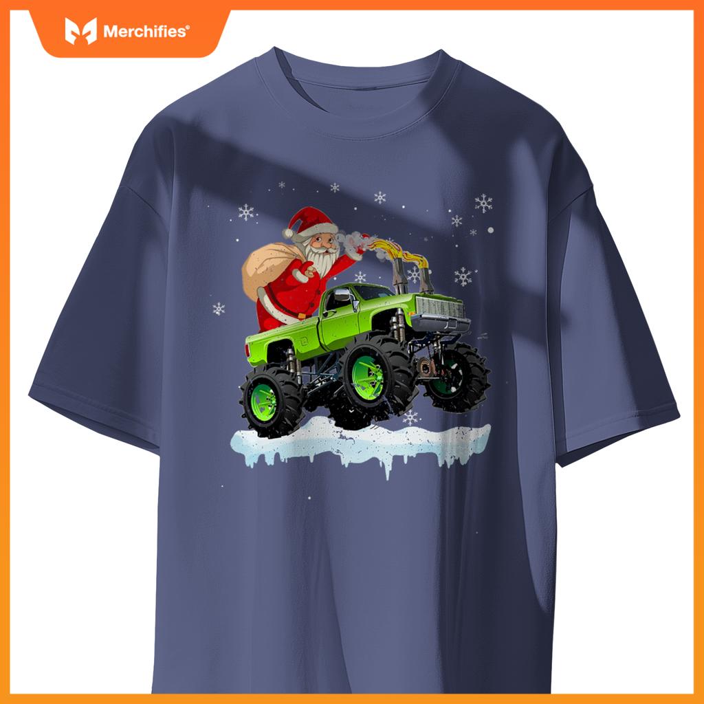 Christmas Santa Claus Riding In Monster Truck Boys Kids Xmas T-Shirt
