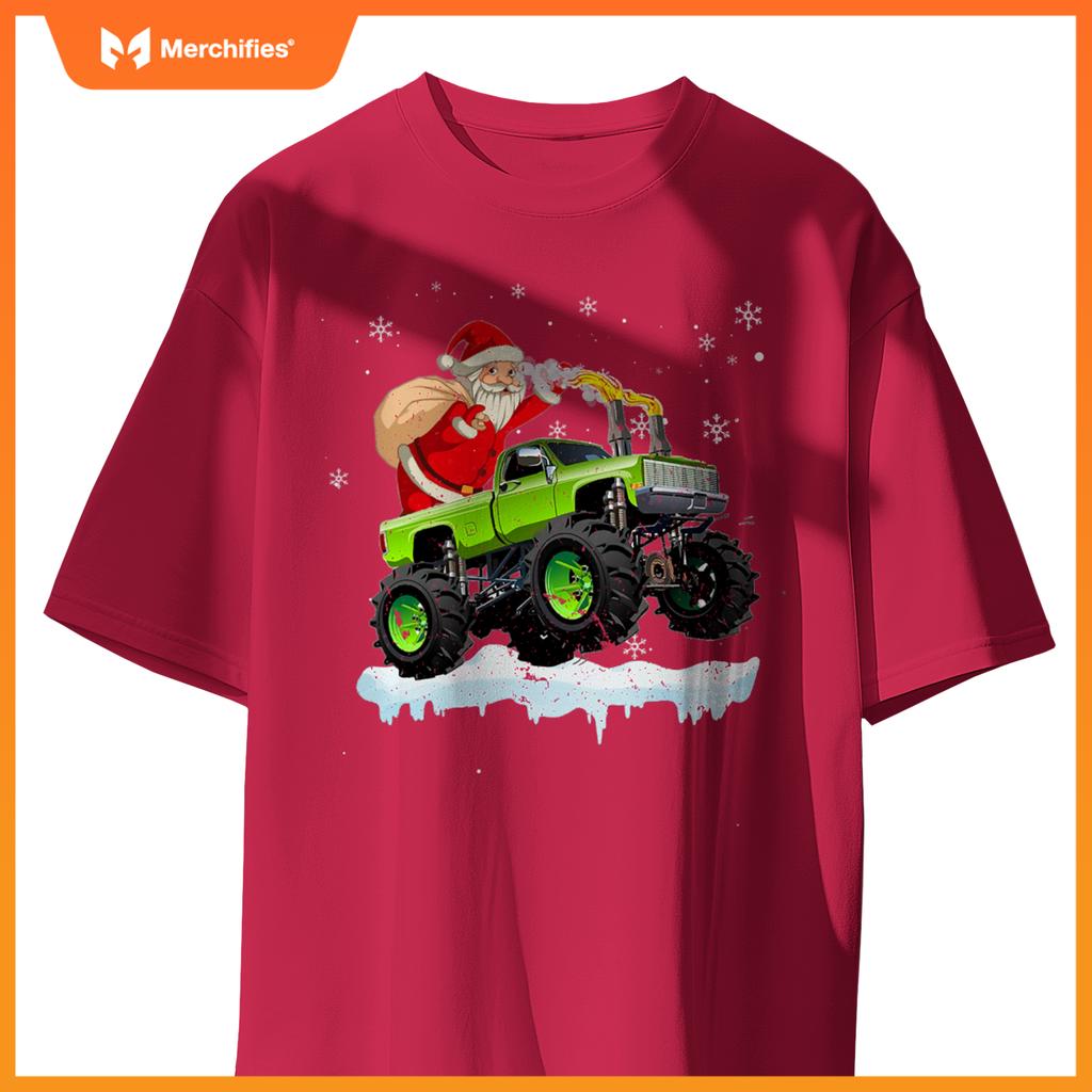 Christmas Santa Claus Riding In Monster Truck Boys Kids Xmas T-Shirt