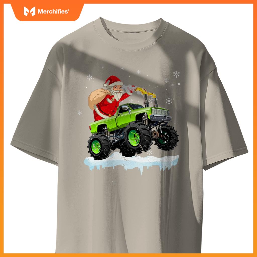 Christmas Santa Claus Riding In Monster Truck Boys Kids Xmas T-Shirt