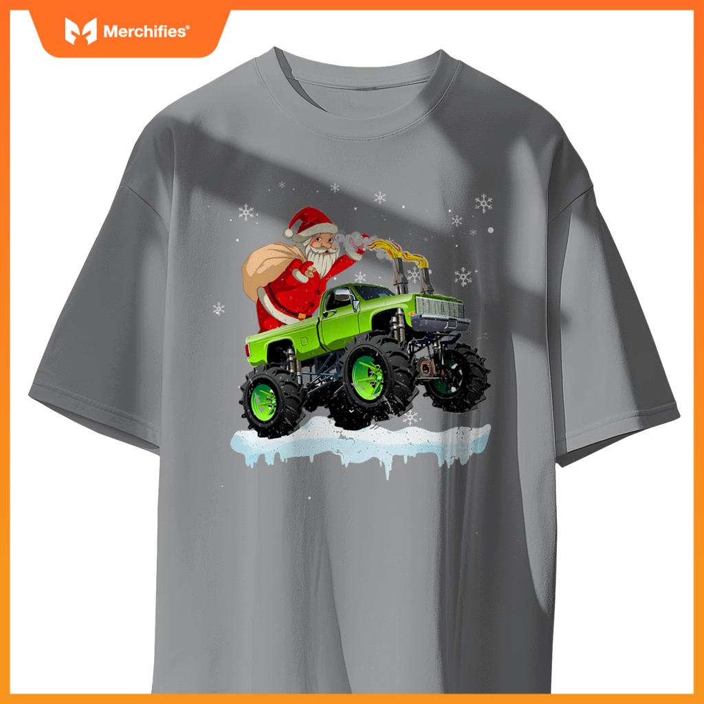 Christmas Santa Claus Riding In Monster Truck Boys Kids Xmas T-Shirt