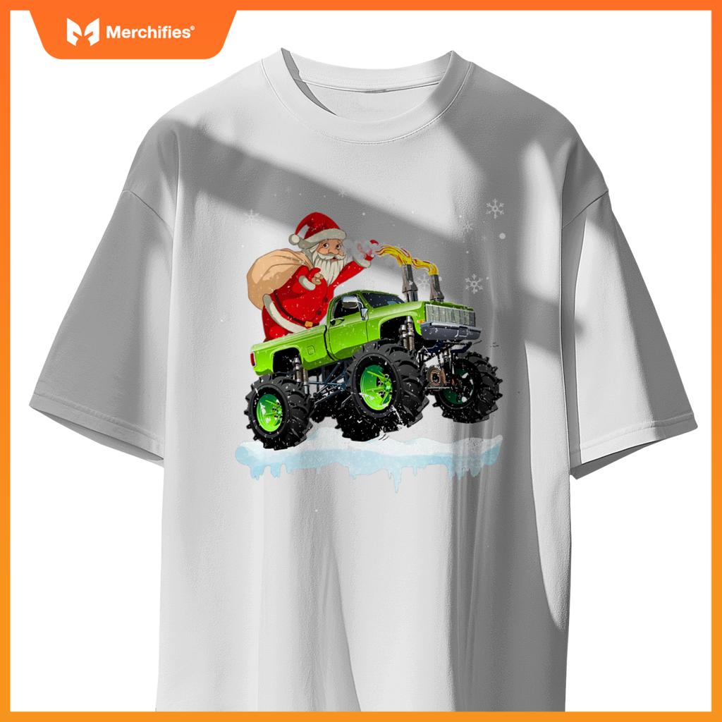 Christmas Santa Claus Riding In Monster Truck Boys Kids Xmas T-Shirt