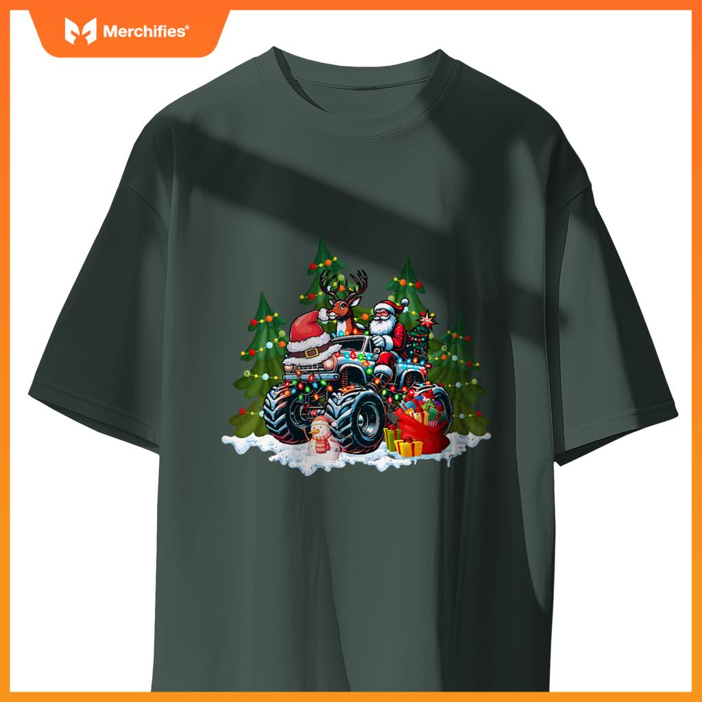 Christmas Tree Cute Santa Clause Riding Monster Red Truck T-Shirt
