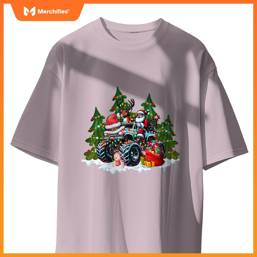 Christmas Tree Cute Santa Clause Riding Monster Red Truck T-Shirt