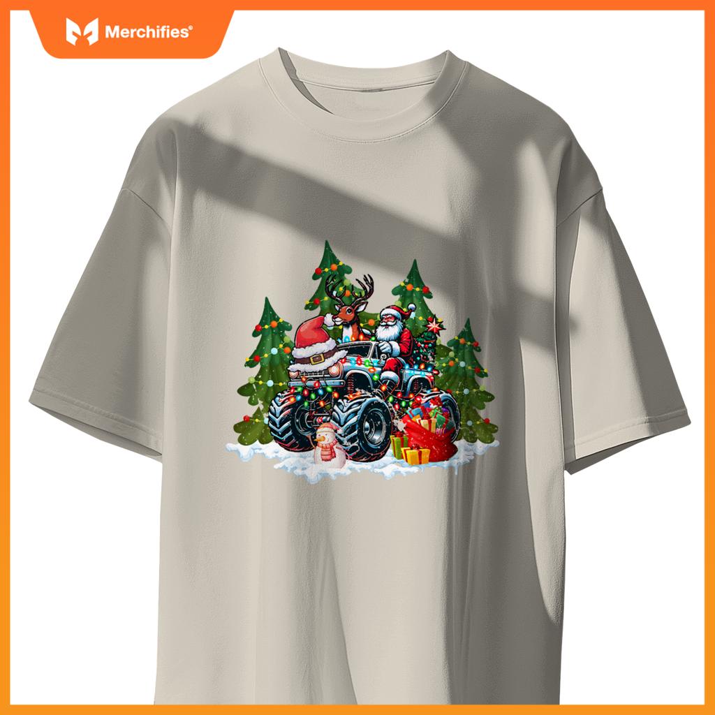 Christmas Tree Cute Santa Clause Riding Monster Red Truck T-Shirt