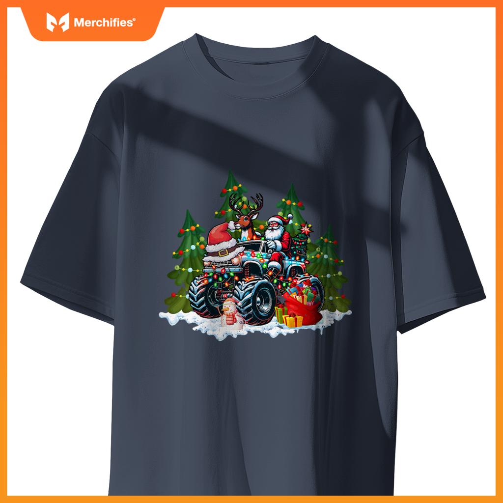Christmas Tree Cute Santa Clause Riding Monster Red Truck T-Shirt