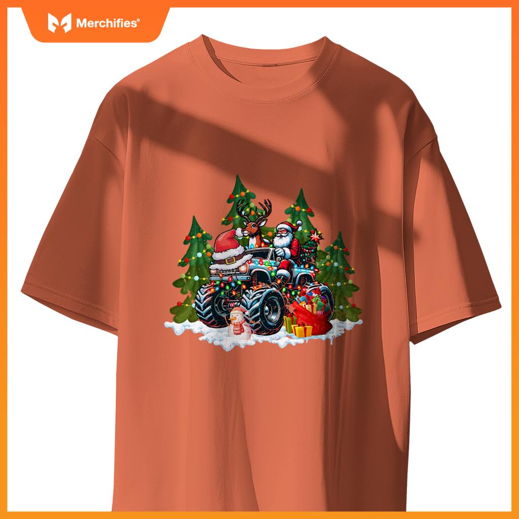 Christmas Tree Cute Santa Clause Riding Monster Red Truck T-Shirt
