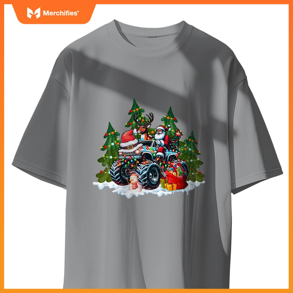 Christmas Tree Cute Santa Clause Riding Monster Red Truck T-Shirt