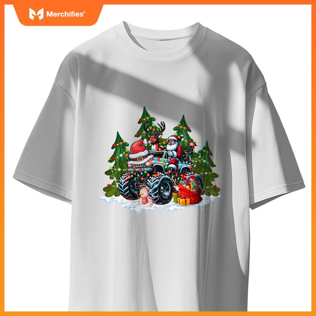Christmas Tree Cute Santa Clause Riding Monster Red Truck T-Shirt