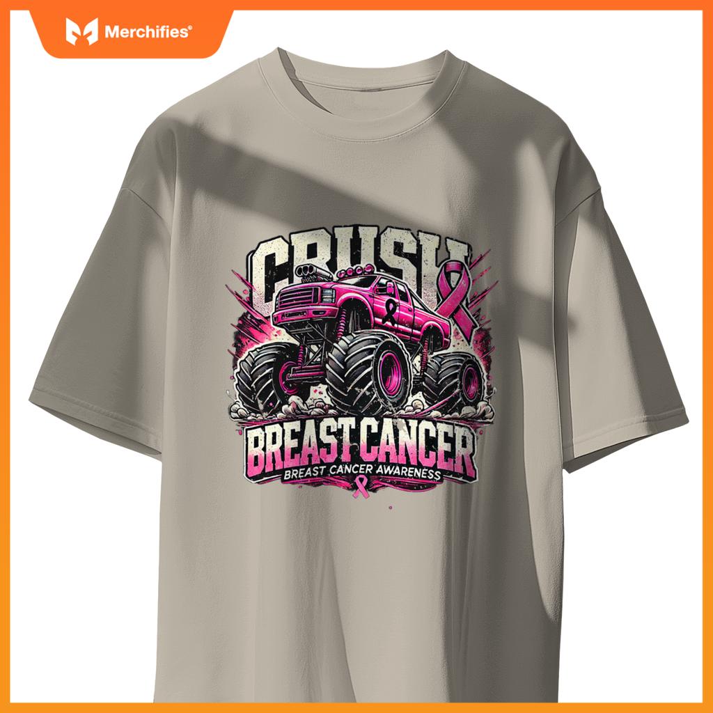 Crush Breast Cancer Awareness Monster Truck Toddler Boy Kids T-Shirt