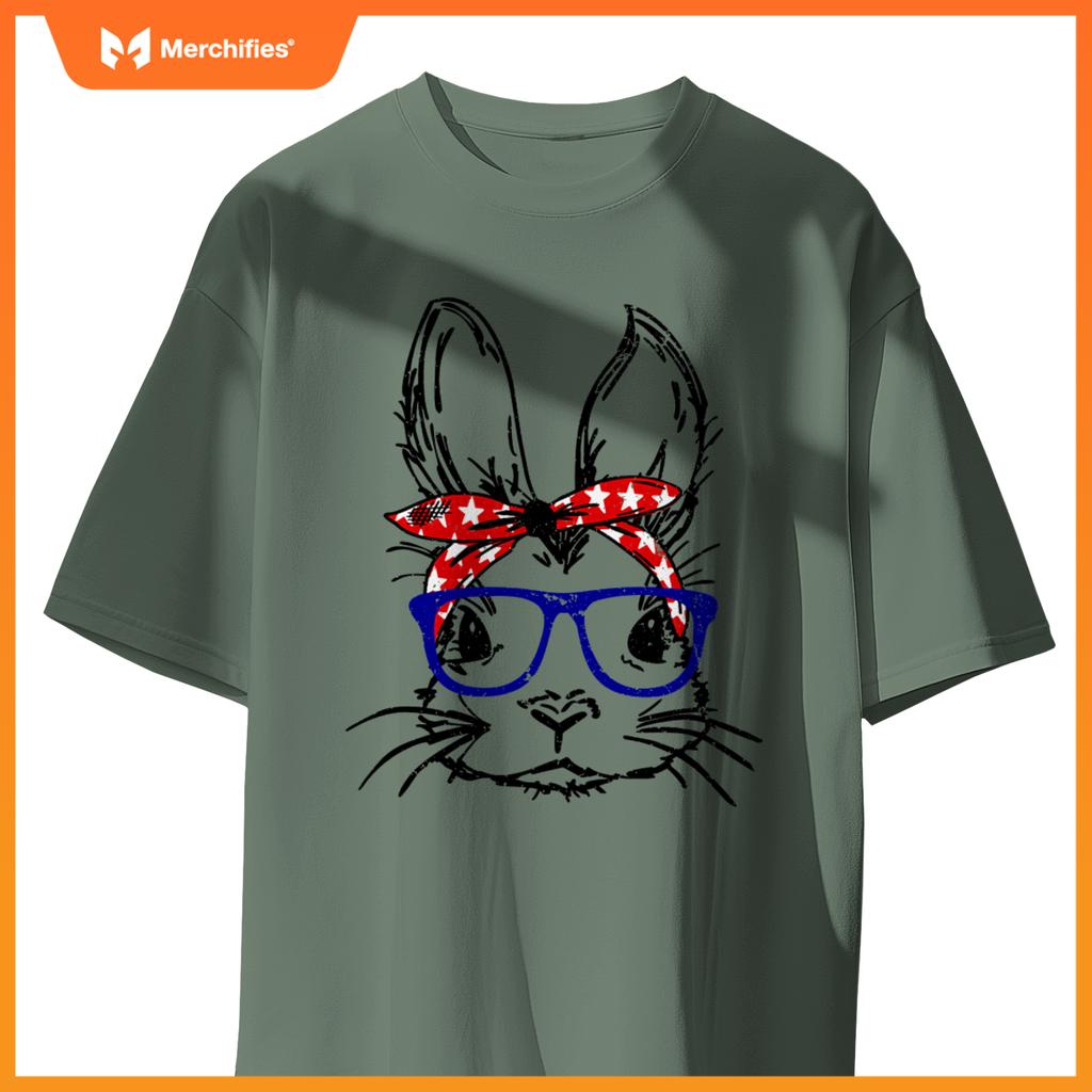 cute bunny face bandana glasses patriotic red white & blue T-Shirt