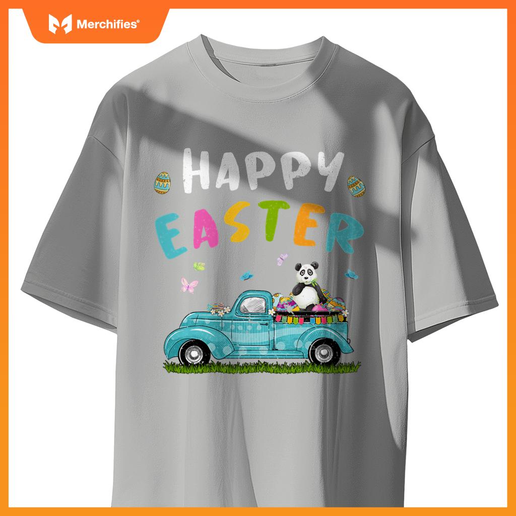 Cute Panda With Bunny Ears Egg Hunting Truck Easter T-Shirt